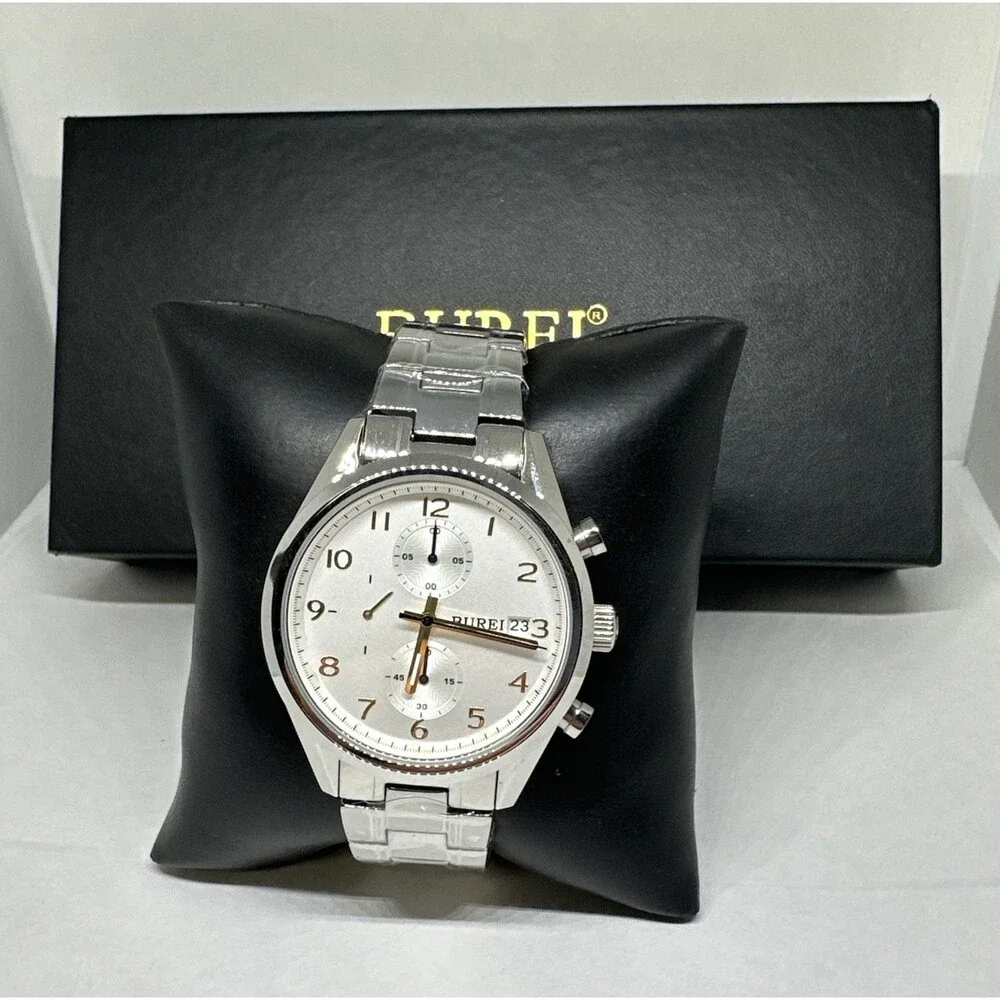 Burei B-7005 Men's Silver Stainless Steel Analog White Dial Quartz Watch XOB26